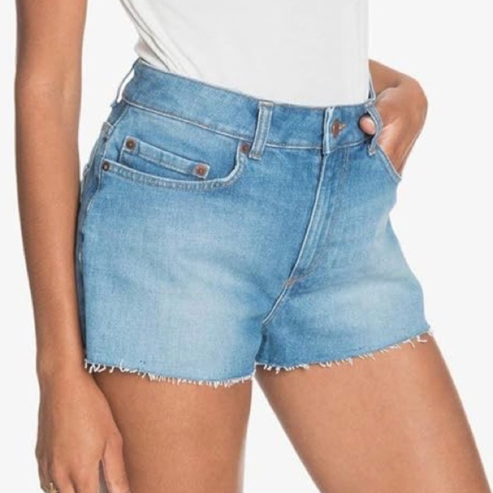 ROXY Sz 27 Kissing The Swell Hight Waisted Blue Mini Short Frayed Hem NWT